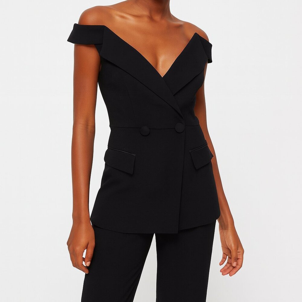 Bebe Off-the-Shoulder Black Tuxedo Jumpsuit‎ NWT Holiday Cocktail Evening Size 6